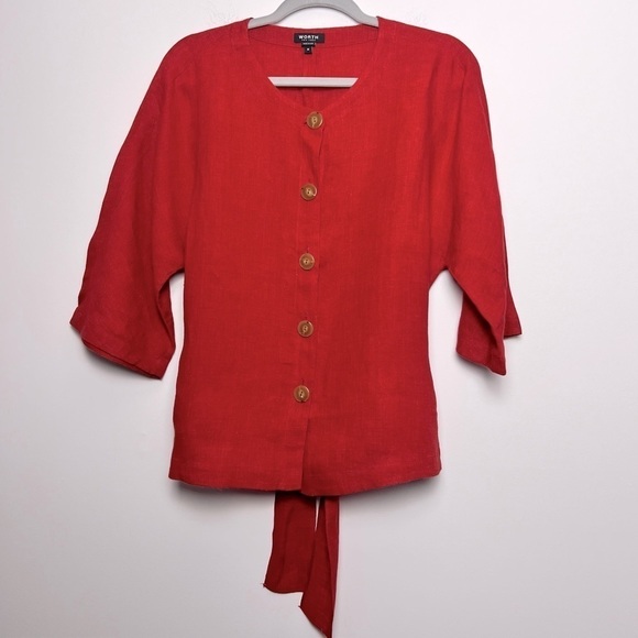 WORTH New York 100% Linen Big Button Up Waist Tie 3/4 Sleeve Blouse Brick Red - Picture 1 of 10